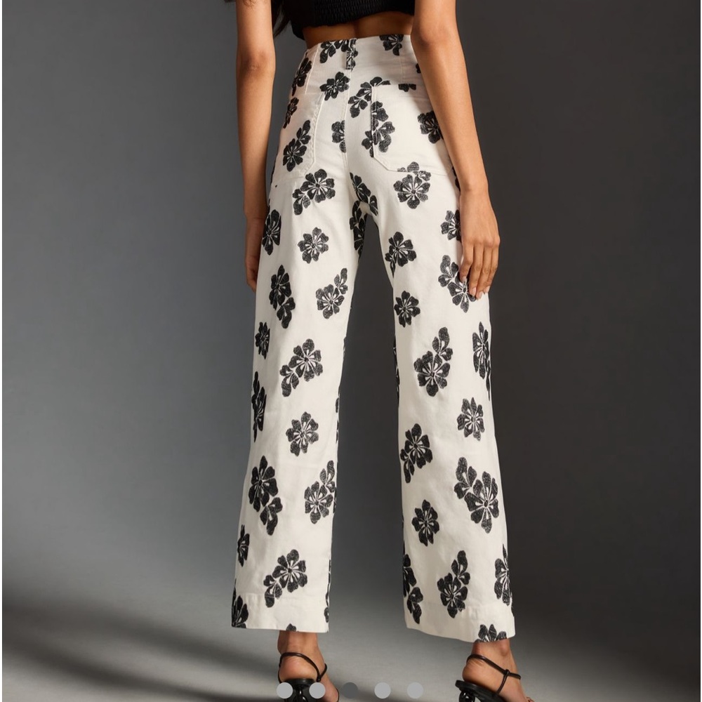 Maeve White Wide-Leg Floral Print Pants with Black Flowers - Picture 3 of 15